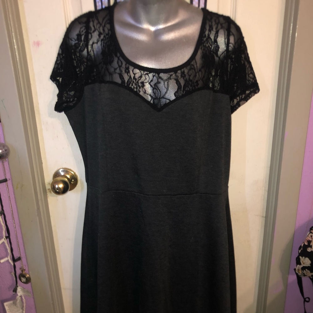 Dark grey A-line dress with black lace on top